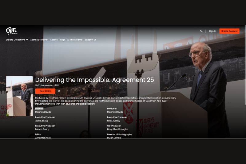 QFT Player page for Delivering the Impossible Agreement 25 film showing Senator George J. Mitchell on the Whitla Hall stage delivering his speech during the Agreement 25 conference